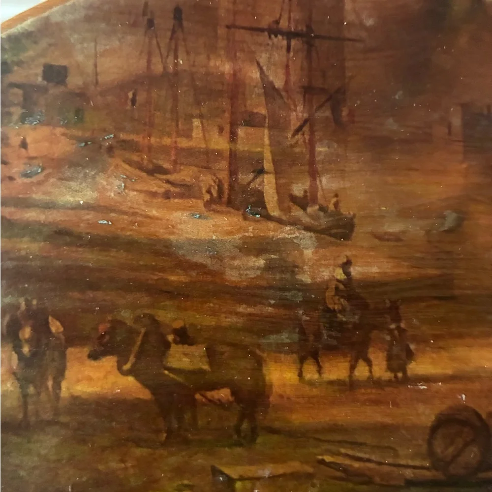 Italian Cedar Trinket Box with Old World Decopauge Scene Boats Port Cows Horses